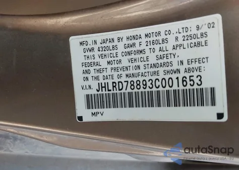 2003 Honda Cr-V Ex из США, поврежденный, VIN JHLRD78893C001653